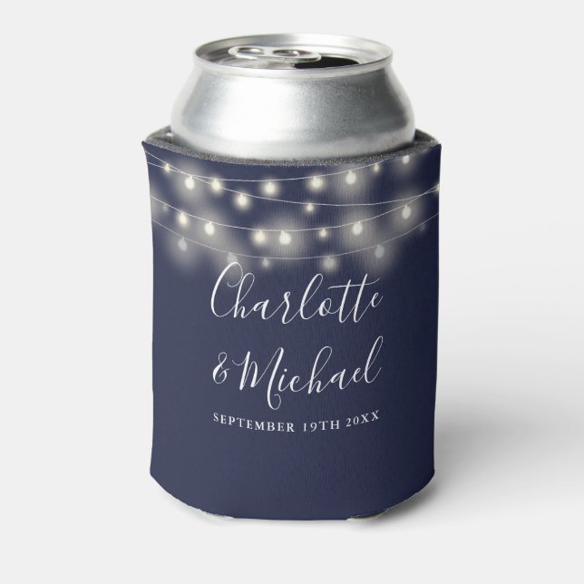 String Lights Signature Script Navy Blue Wedding Can Cooler (Can Back)