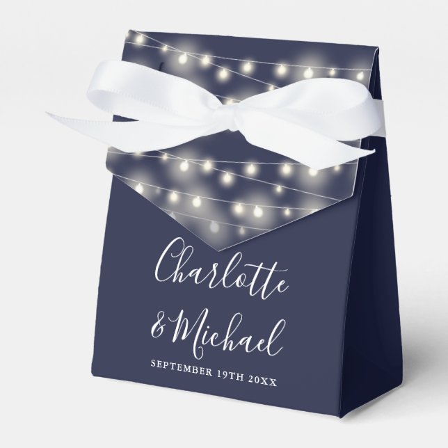 String Lights Signature Script Navy Blue Wedding Favor Box (Front Side)