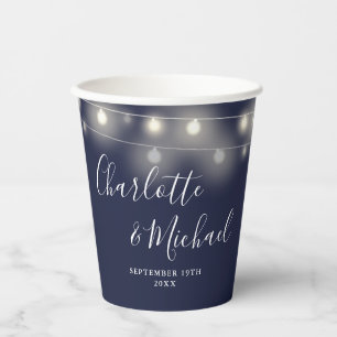 String Lights Signature Script Navy Blue Wedding Paper Cups