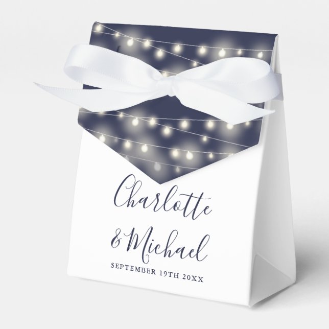 String Lights Signature Script Navy White Wedding  Favor Box (Front Side)
