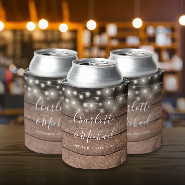 String Lights Signature Script Rustic Wood Wedding Can Cooler (String Lights Signature Script Rustic Wood Wedding Can Cooler)