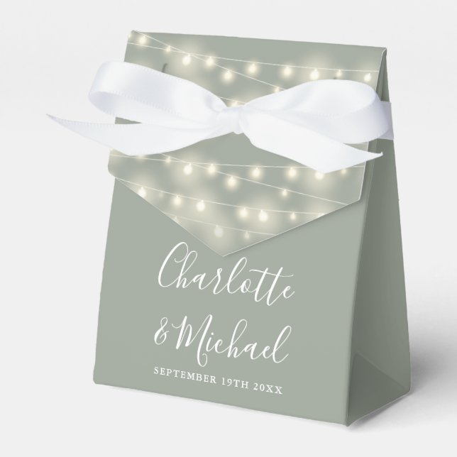 String Lights Signature Script Sage Green Wedding Favor Box (Front Side)