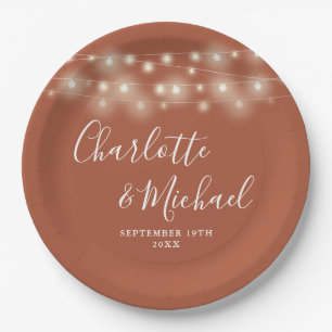 String Lights Signature Script Terracotta Wedding Paper Plate
