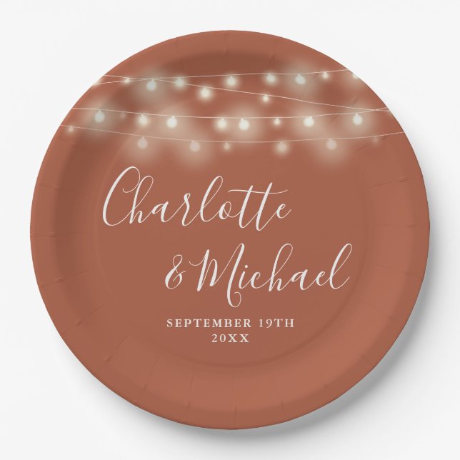 String Lights Signature Script Terracotta Wedding Paper Plate (Front)
