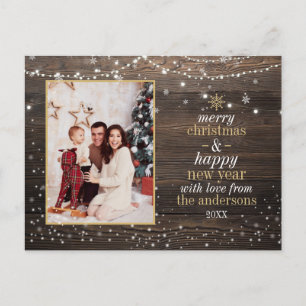String Lights & Snow Rustic Wood Christmas Photo Postcard