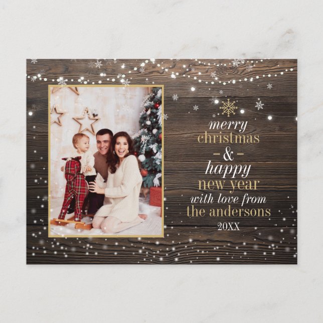 String Lights & Snow | Rustic Wood Christmas Photo Postcard (Front)