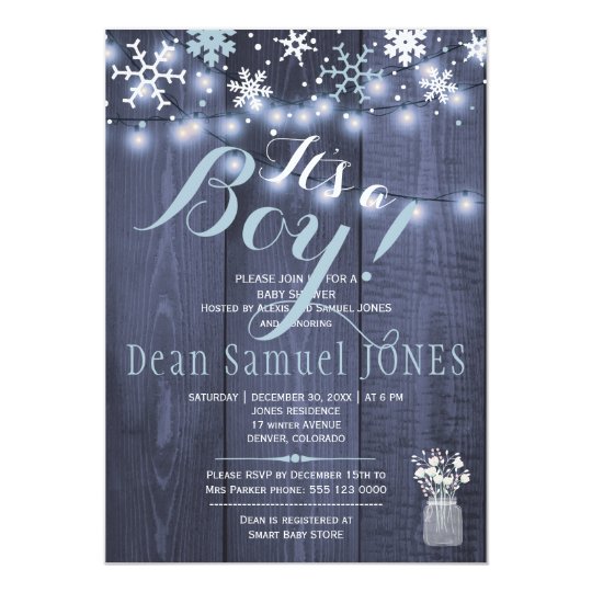 String lights snowflakes barn wood boy baby shower card