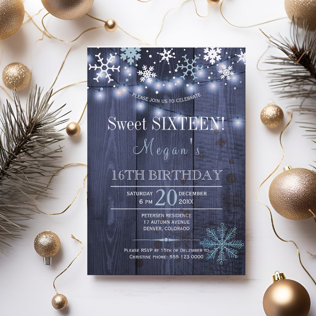 String lights snowflakes chic winter sweet sixteen invitation (Creator Uploaded)