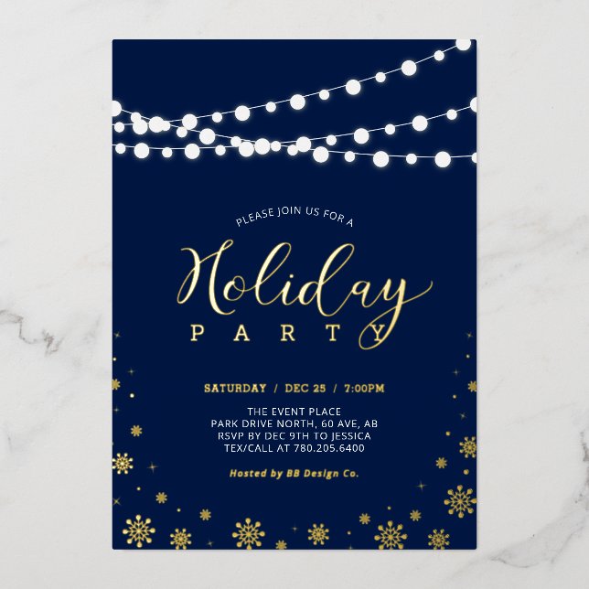 String Lights & Snowflakes Navy Holiday Party   (Front)