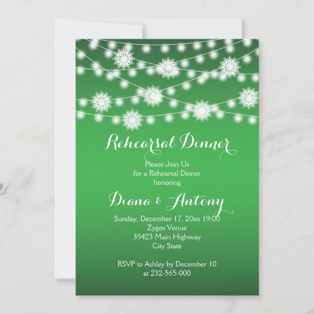 String lights, snowflakes wedding rehearsal dinner invitation (Front)