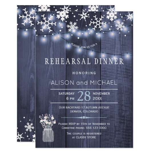 String lights snowflakes winter rehearsal dinner card