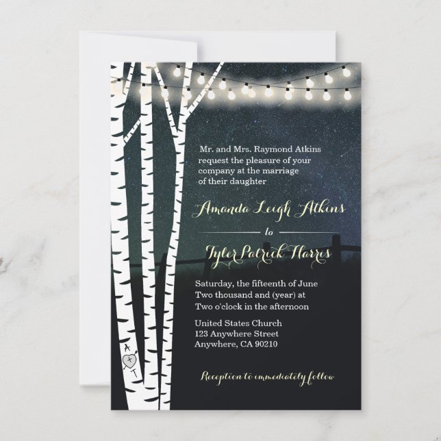 String Lights Stars Birch Tree Wedding Invitations (Devant)