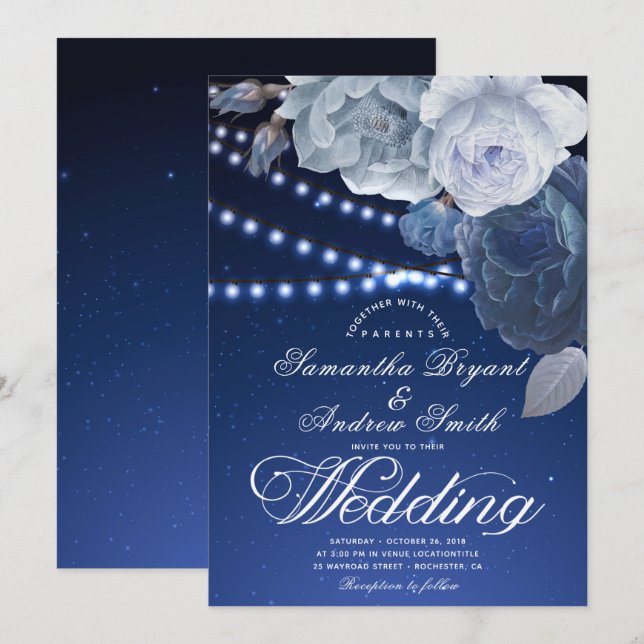 String lights stars Blue Elegant Wedding Invitation (Front/Back)