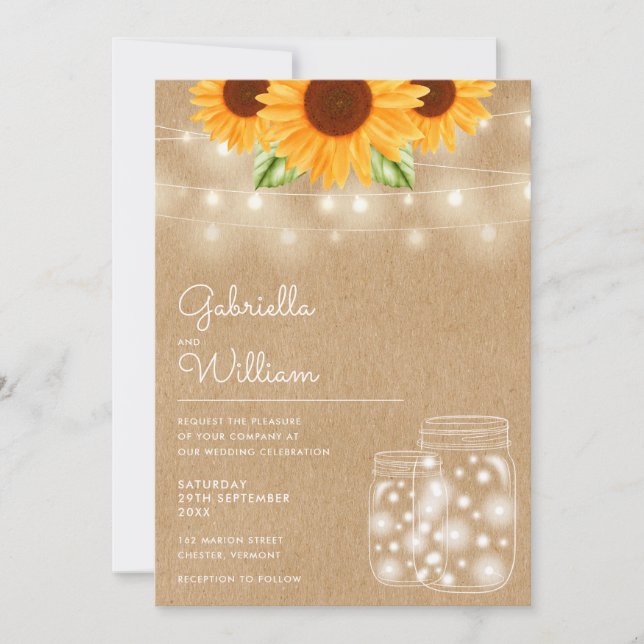 String Lights Sunflower Mason Jars Rustic Wedding Invitation (Front)