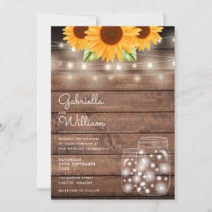 String Lights Sunflower Mason Jars Rustic Wedding Invitation