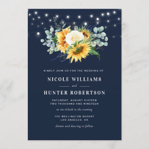 string lights sunflower navy blue wedding invitation