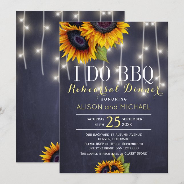 String lights sunflowers i do bbq rehearsal dinner invitation (Front/Back)