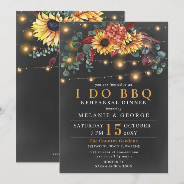 String Lights Sunflowers I DO BBQ Rehearsal Dinner Invitation (Front/Back)