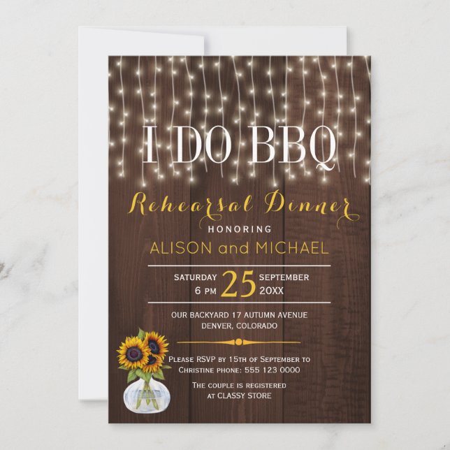 String lights sunflowers i do bbq rehearsal dinner invitation (Front)
