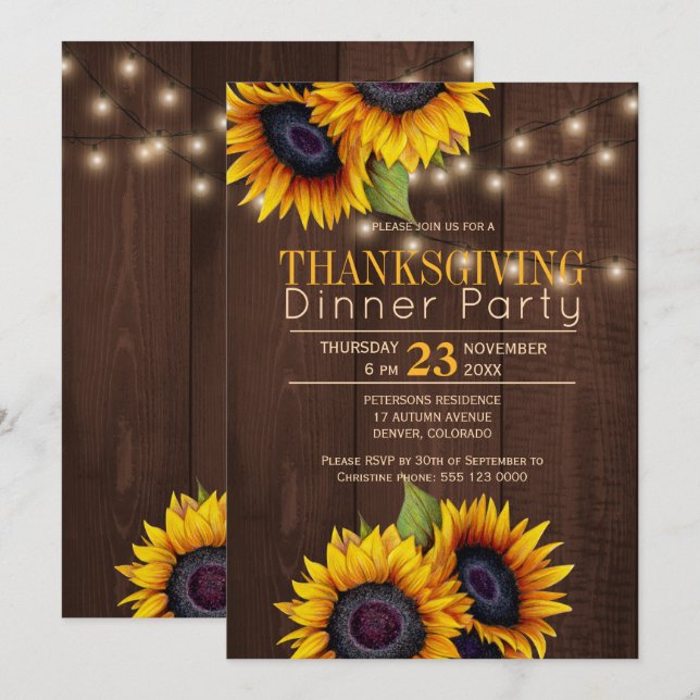 String lights sunflowers rustic thanksgiving party invitation (Front/Back)
