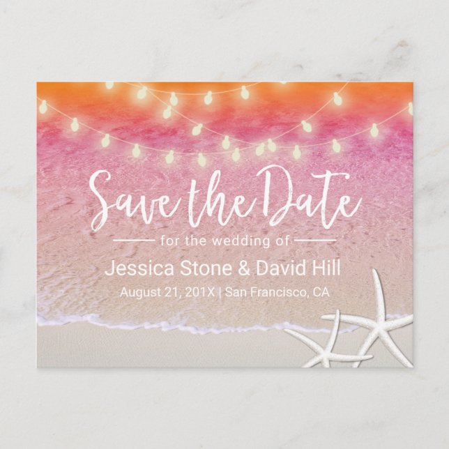 String Lights Sunset Beach Wedding Save the Date Announcement Postcard (Front)