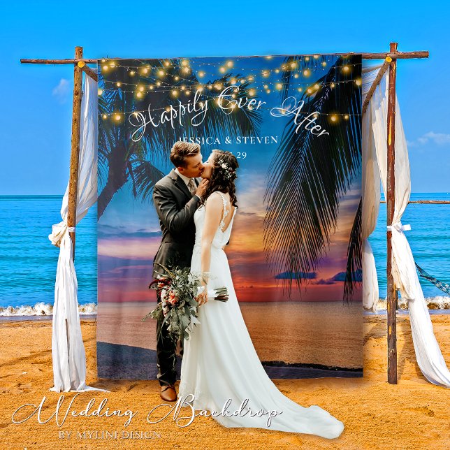 String Lights Sunset Palm Beach Wedding Backdrop Tapestry (Creator Uploaded)
