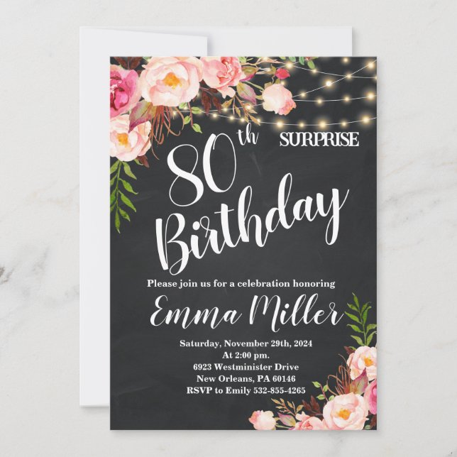 String Lights Surprise 80th Birthday Chalkboard Invitation (Front)