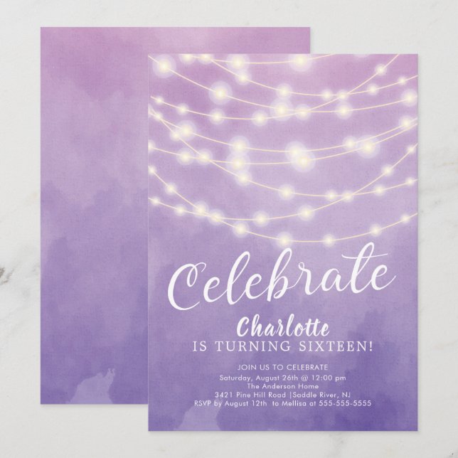 String Lights Sweet 16th Birthday Invitation (Front/Back)