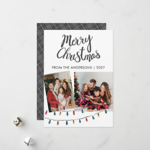 String Lights Tartan Pattern Christmas 2 Photo Holiday Card