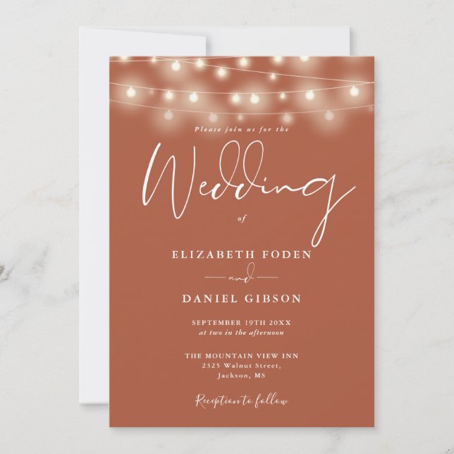 String Lights Terracotta QR Code Wedding Invitation (Front)