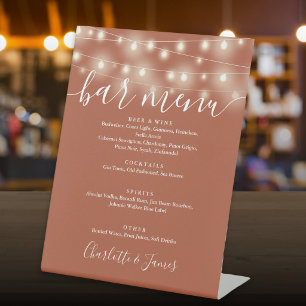 String Lights Terracotta Wedding Bar Menu Pedestal Sign