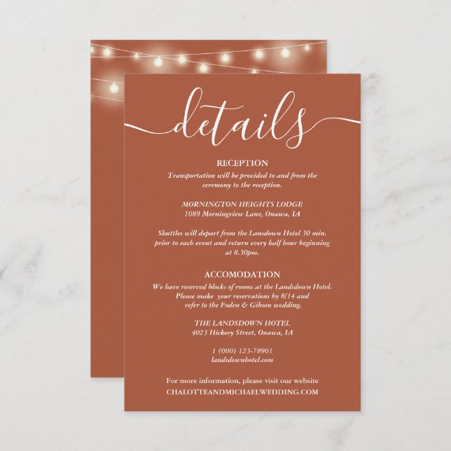 String Lights Terracotta Wedding Details Enclosure Card (Front/Back)