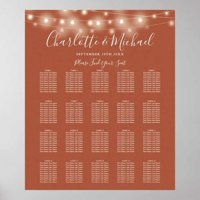 String Lights Terracotta Wedding Seating Chart (Front)