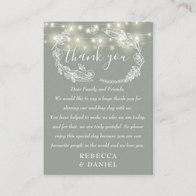 String Lights Thank You Sage Green Wedding Place Card (Front)