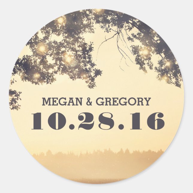 String Lights Tree Branches Rustic Wedding Classic Round Sticker (Front)