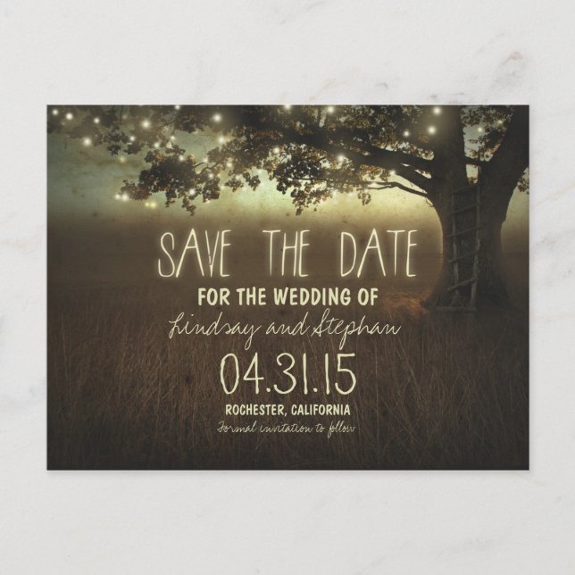 String lights tree romantic save the date postcard (Front)