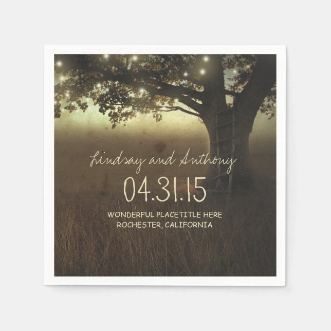 String lights tree rustic wedding paper napkins (Front)