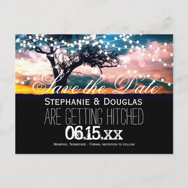 String Lights Tree Sunset Save the Date Postcards (Front)