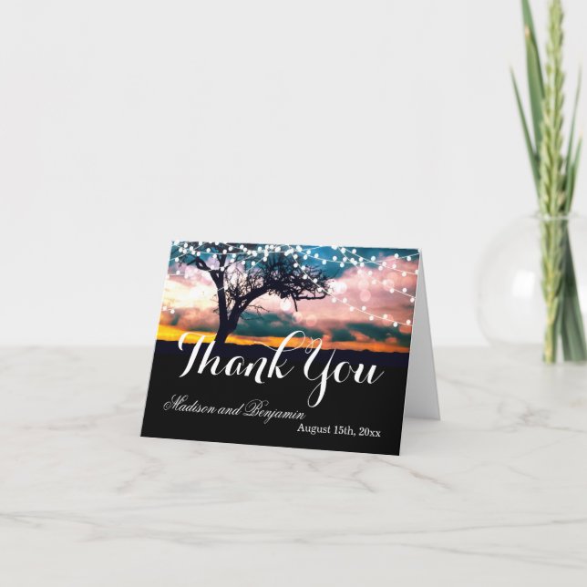 String Lights Tree Sunset Wedding Thank You Cards (Front)
