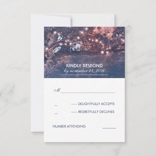 String Lights Tree Vintage Blue Rustic RSVP Card (Front)