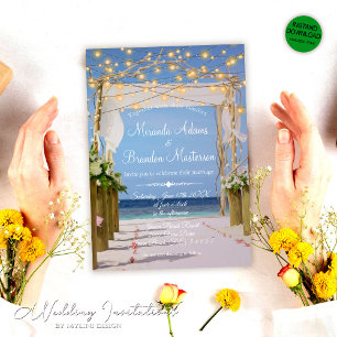 String Lights Tropical Beach Arbor Wedding Invitation