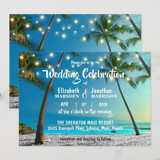 String Lights Tropical Beach Modern Wedding Invitation (Front/Back)