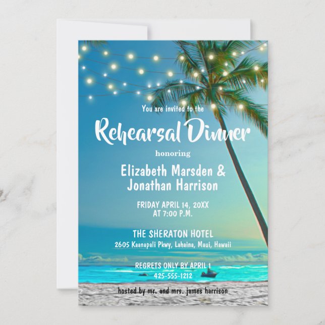String Lights Tropical Beach Rehearsal Dinner Invitation (Front)