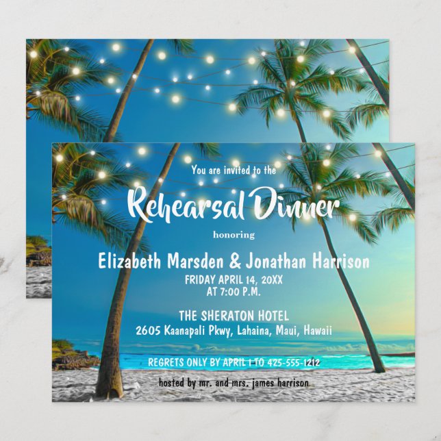 String Lights Tropical Beach Rehearsal Dinner Invitation (Front/Back)