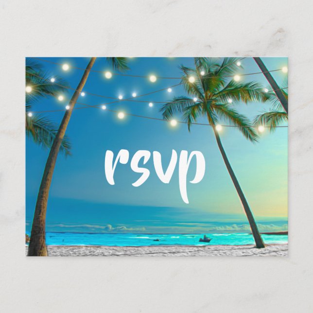 String Lights Tropical Beach RSVP Enclosure Invitation Postcard (Front)