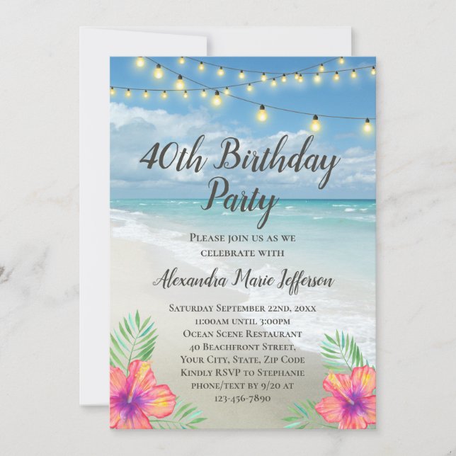 String Lights Tropical Luau Beach 40th Birthday Invitation (Front)