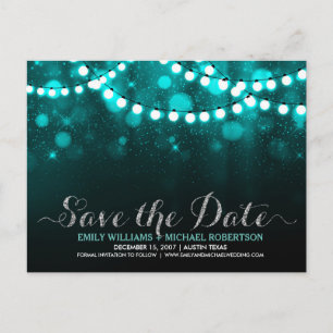 String lights turquoise bokeh save the date announcement postcard