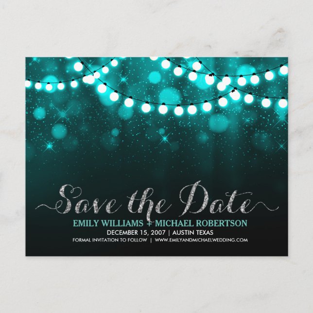 String lights turquoise bokeh save the date announcement postcard (Front)