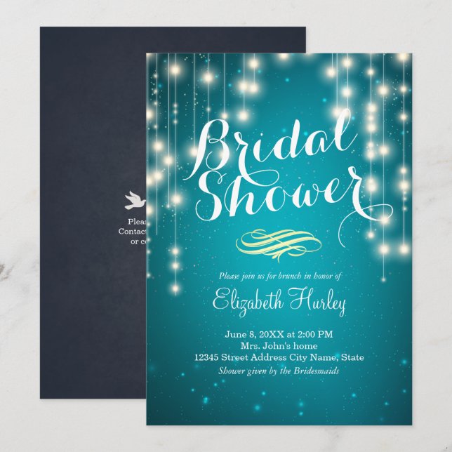 String Lights Turquoise Bridal Shower Invitation (Front/Back)