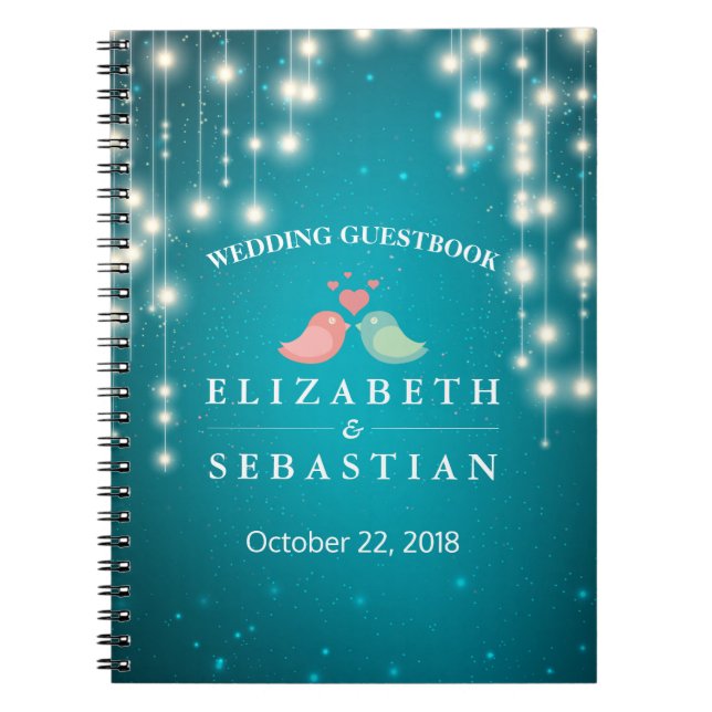 String Lights Turquoise Glitter Wedding Guestbook Notebook (Front)